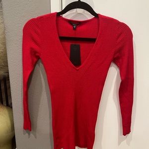New, fitted, Red plunging V-neck pullover sweater